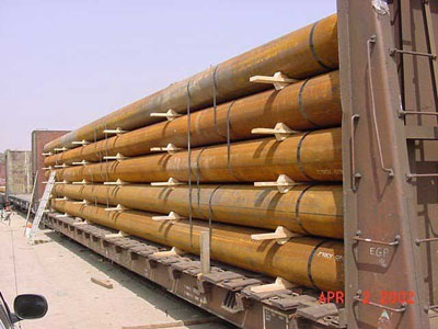 104 rail cars of pipe on their way to Utah to have a coating applied. The pipe is then transported by truck to Wyoming, where it is used for natural gas lines.